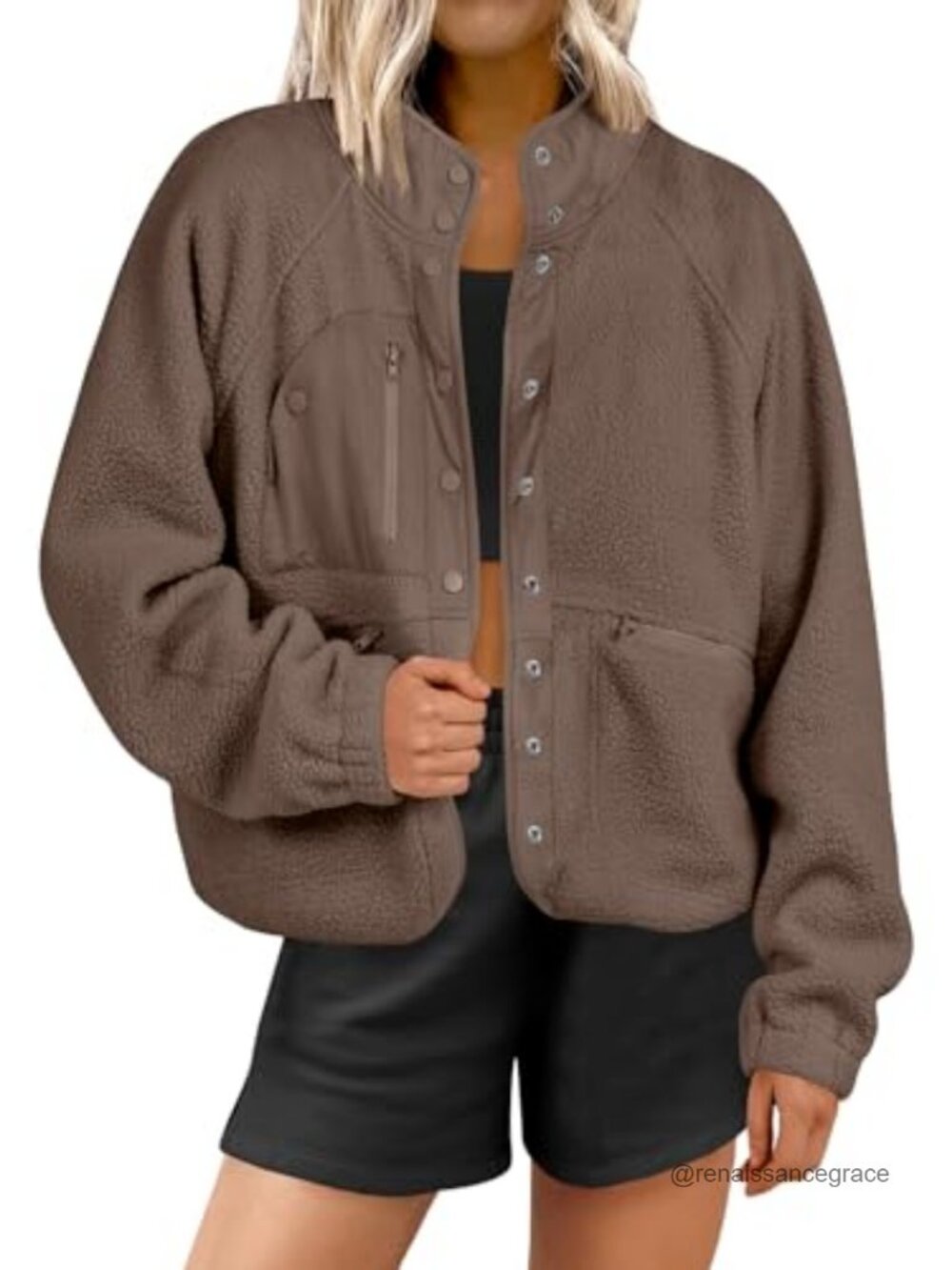 Womens Fuzzy Fleece Button Down Cropped Sherpa Coat